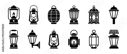Collection of diverse black silhouette lantern icons, showcasing various styles of portable and outdoor lighting fixtures in a clean, graphic illustration