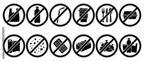 Twelve black and white prohibition icons illustrating the ban on various single-use plastic items and plastic waste, presented in a clean, graphic style