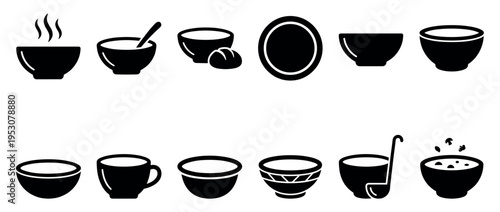 Collection of black silhouette kitchenware icons featuring various bowls, plates, and food items in a clean, graphic, flat design style