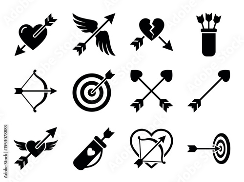 Twelve black silhouette love and archery icons featuring hearts, arrows, bows, and targets, presented in a graphic, symbolic style