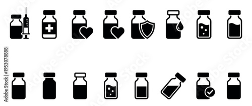 Collection of black silhouette medical vial icons depicting various pharmaceutical concepts like vaccination, health, protection, and liquid medicine in a clean graphic style