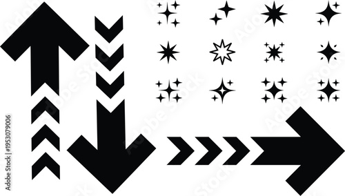 Black Arrow and Sparkle Icon Vector Set with Directional Pointer and Twinkle Star for UI Design