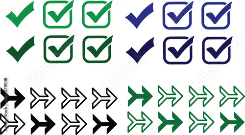 Check Mark and Arrow Icon Vector Set with Green Success Tick and Directional Pointer for UI Design