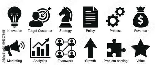 Set of twelve black silhouette business concept icons, including innovation, strategy, marketing, and growth, presented in a clean, graphic style