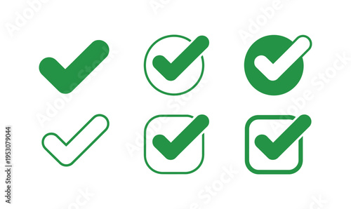 Green Check Mark Icon Vector Set with Success Symbol and Tick Box for User Interface Design