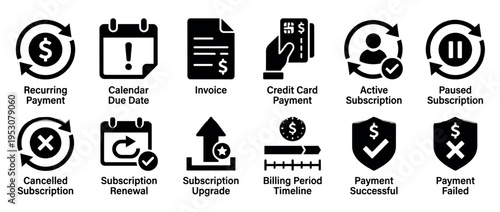 Twelve black and white payment and subscription icons are neatly arranged in a grid, featuring financial and service status symbols with clear labels, presented in a modern flat design