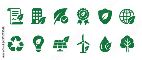 Twelve green ecology and sustainability vector icons representing environmental protection, renewable energy, recycling, and nature in a clean, modern flat design