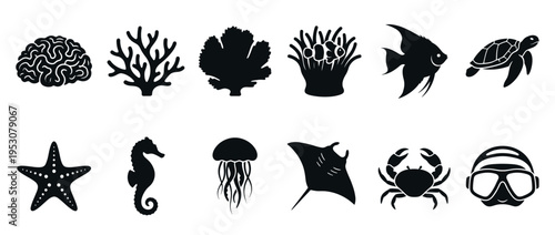 Collection of black silhouette marine life and diving icons, featuring various sea creatures and underwater equipment in a graphic style