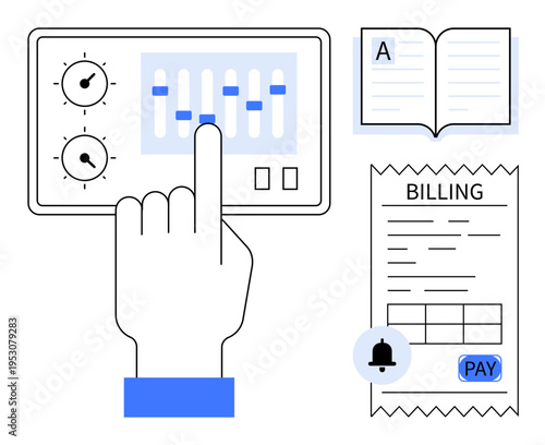 Business management, technology, finance planning, payment systems, budgeting, and organization. Hand adjusting control panel, open book and billing invoice. Business management and technology