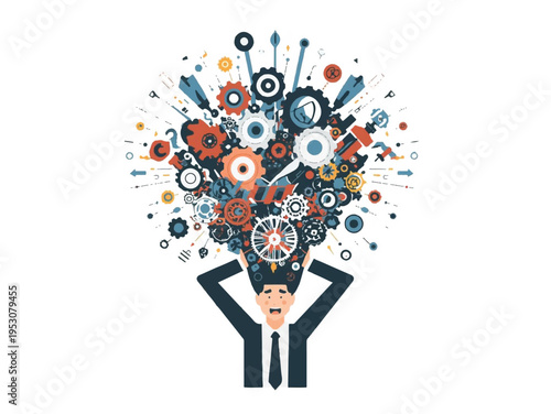 Man overwhelmed by explosion of gears and ideas, symbolizing creative overload or mental stress, business concept, mental health