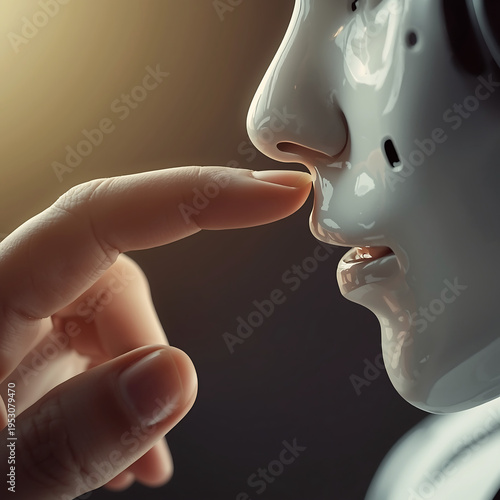 A human hand touching the lips of a robotic face with a blurred background