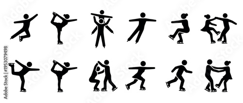 Collection of black figure skating icons depicting various dynamic individual and pair routines, showcasing graceful movements in a clean, illustrative style