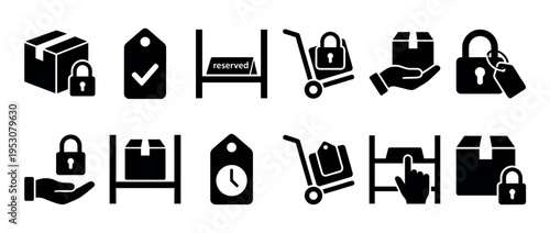 Eleven black glyph icons representing logistics, inventory, and security concepts, featuring packages, padlocks, tags, shelves, and hand trucks in a clean, modern, and functional style