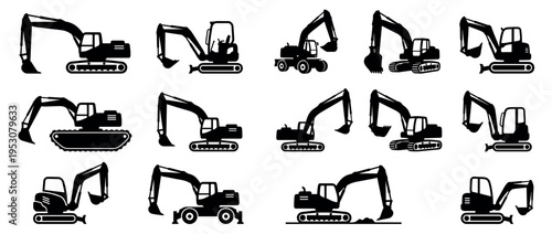 Collection of various black silhouette excavator icons depicting different types of heavy construction machinery in a flat, graphic style