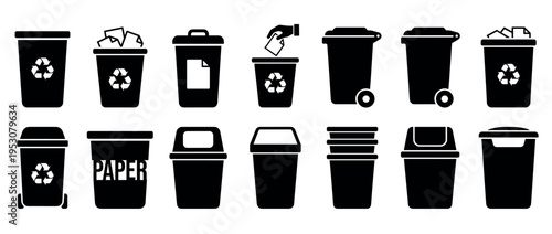 Collection of black silhouette recycling and trash bin icons, featuring various styles, symbols, and waste disposal actions in a clean, graphic design
