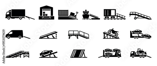 Collection of black silhouette icons illustrating various ramps for loading and unloading different vehicles and goods, depicted in a clean, modern graphic style