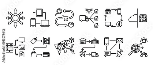 Various black outline business and technology icons illustrating concepts like e-commerce, logistics, data management, and digital communication in a clean, modern style