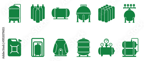 Green vector icons of industrial storage containers and tanks, including gas cylinders, pressure vessels, and liquid reservoirs, presented in a clean, illustrative style