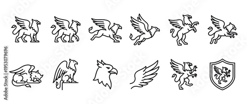 Black outline griffin mythical creature icons set in various dynamic poses, including standing, running, flying, and a shield emblem, rendered in a clean line art style