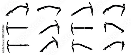 Collection of black silhouette ice axes and ice picks, showcasing various designs of essential mountaineering tools in a clear, graphic vector style