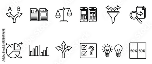 Collection of business and data analysis line icons depicting concepts like decision making, comparison, mobile interface, data filtering, and insights, presented in a clean, minimalist outline style