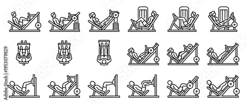 Various leg press exercise machine icons illustrate people performing leg workouts, presented in a clean, minimalist outline style with clear details