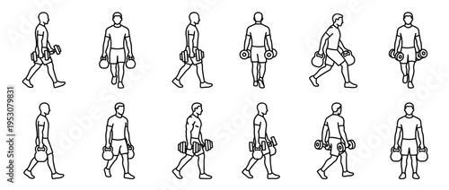Black outline illustrations of a person exercising with weights, depicting various walking and lunging movements in a minimalist icon style