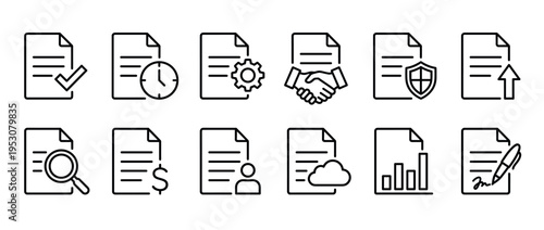Twelve black outline document icons representing various business and financial concepts, presented in a clean, modern line art style