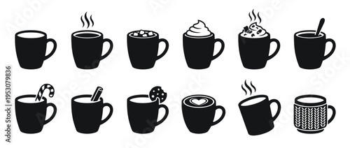 Collection of black silhouette coffee mugs and hot beverage cups with various toppings, steam, and designs, presented in a graphic icon style