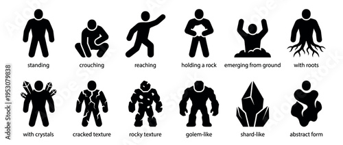 Twelve black silhouette icons depict human-like figures and abstract forms in diverse states, including standing, crouching, and golem-like, presented in a clean, minimalist vector art style