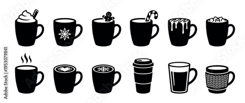 Collection of twelve black silhouette icons depicting various hot beverages in mugs, cups, and a glass, featuring festive toppings and cozy designs in a graphic style