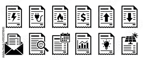 Collection of black and white utility bill icons, each featuring symbols for electricity, gas, finance, and energy management, presented in a clean, graphic style
