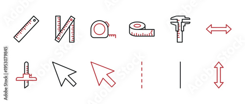 Various line art measurement tools and cursors are depicted in a minimalist icon set with black outlines and red accents, showcasing different instruments and indicators