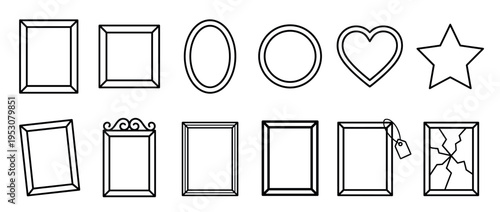 Twelve diverse outline frames in various shapes and styles, including rectangular, oval, heart, and star designs, presented as clean line art icons