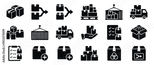 Collection of black silhouette logistics icons illustrating various aspects of shipping, delivery, inventory, and supply chain management in a modern graphic style