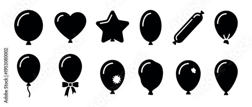 Collection of black silhouette balloon icons in various shapes, including heart, star, and oval, with glossy highlights, presented in a flat graphic style