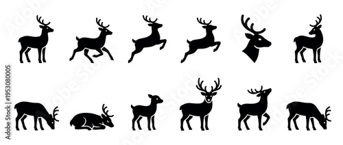Collection of black silhouette deer icons in various poses, including standing, running, and grazing, presented as simple graphic illustrations