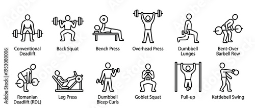 Twelve black outline fitness exercise icons illustrate various strength training movements with barbells, dumbbells, and bodyweight, presented in a clear, instructional style
