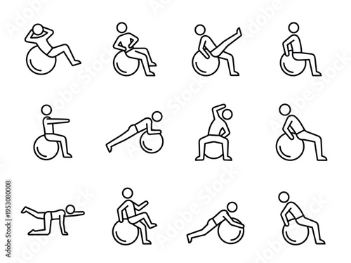 Twelve minimalist line art icons depict people performing various exercises with stability balls, showcasing fitness and core strength routines in a clear, illustrative style
