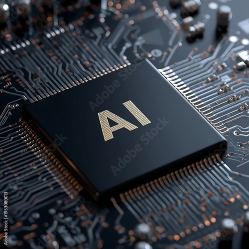 A close-up view of a computer chip with the letters AI on it, surrounded by circuit boards and microchips.
