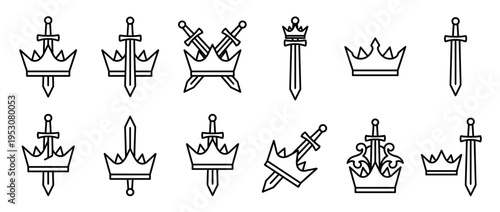 Various black outline crown and sword icons displayed in a minimalist line art style, featuring different arrangements of royal and medieval symbols