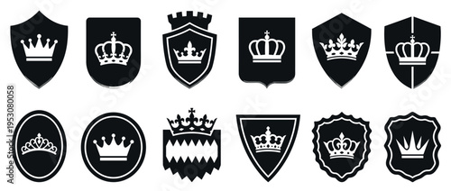 Collection of twelve black and white crown and shield icons, featuring various heraldic shapes and regal crown designs in a graphic vector style