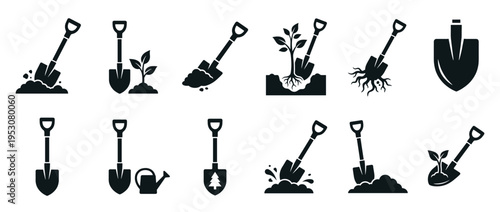 Black silhouette gardening shovel icons illustrate various actions like digging, planting, and cultivating, presented in a flat, graphic vector style