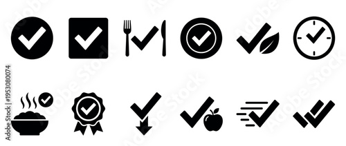 Various black checkmark icons are displayed in a clean, minimalist style, featuring symbols for approval, completion, and quality assurance