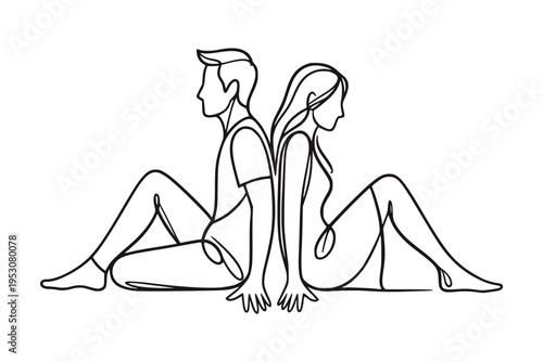 Man and woman sitting back to back in simple line art on a white background, symbolizing relationship dynamics and emotional distance. Concept of divorce, misunderstanding in family.