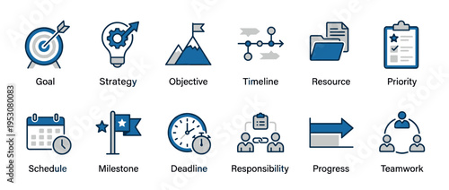 Set of blue and gray line art business concept icons, depicting goal, strategy, objective, timeline, resource, priority, schedule, milestone, deadline, responsibility, progress, and teamwork