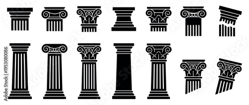 Various classical architectural column and capital black silhouettes showcasing different ancient Greek and Roman orders, including intact and broken elements in a graphic, iconic style