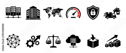Twelve black vector icons illustrating data technology concepts, including servers, global networks, security, performance, cloud computing, and logistics, presented in a clean, modern style