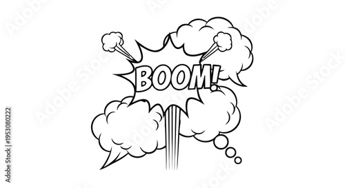 Comic book explosion illustration with boom text and dynamic cloud shapes