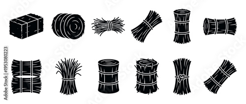 Various black silhouette hay bales and straw bundles are depicted in a collection of different shapes and forms, rendered in a graphic, flat style